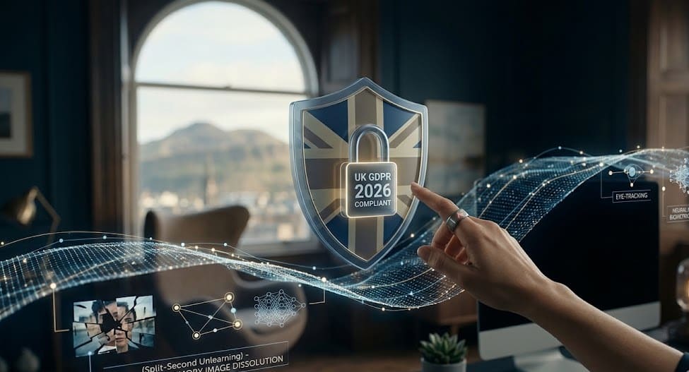 Privacy Policy
A secure padlock with "UK GDPR 2026 COMPLIANT" etched on it, with an implicit Union Jack design on a shield, symbolizing UK data protection compliant mental health data. In the background through a window, Arthur's Seat in Edinburgh is blurred. Privacy Policy
