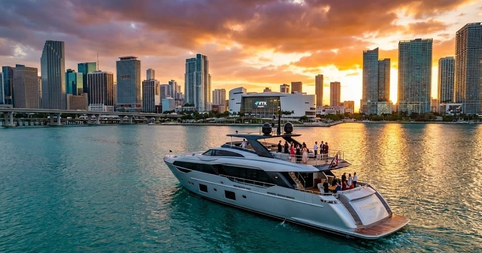 Yacht rental in Miami for mental relaxation 8 оренда яхт у маямі — білосніжна яхта на фоні хмарочосів під час заходу сонця
